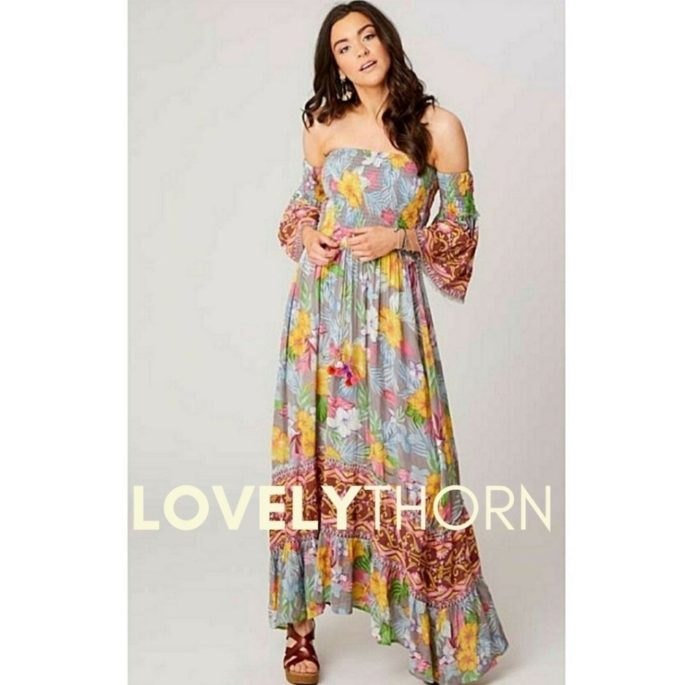 ALTAR'D STATE // flowy boho-chic floral off shoulder smocked maxi dress - Picture 9 of 16